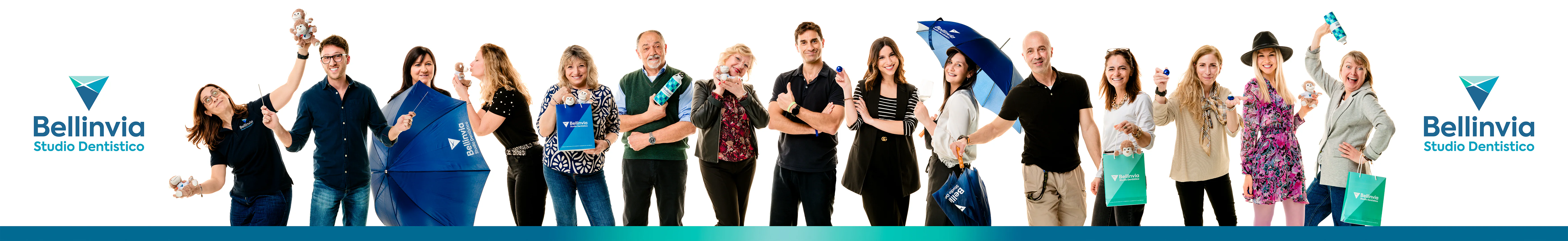 Ritratti di tutto il team dello studio dentistico Bellinvia affiancati in un'unica immagine panoramica.